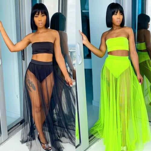 Echoine 3 Piece Set Bikini Set Strapless Crop Top and Botton Sheer Mesh Cover Up Skirt Beach Sexy Swimsuit Elegant Swimwear New