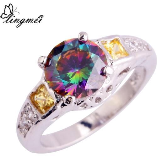 Lingmei Wholesale Fashion Jewelry Mysterious Rainbow CZ Gold White CZSilver ColorRing Size 6-10 11 12 Drop Ship