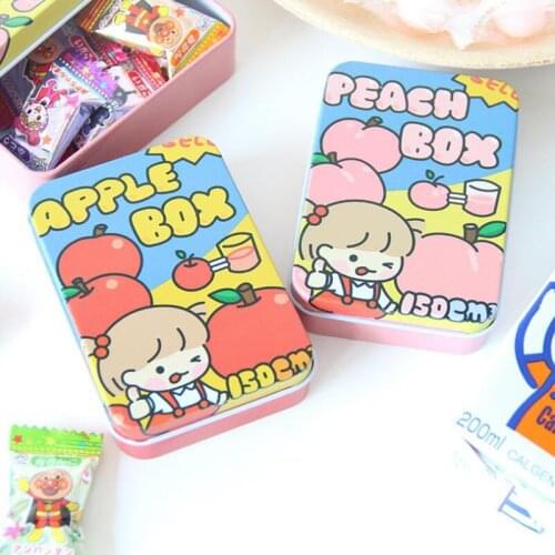 Kawaii Fruit Peach Girls Square Metal Washi Tape Jewelry Candy Storage Box Desk Organizer Korean Stationery Holders