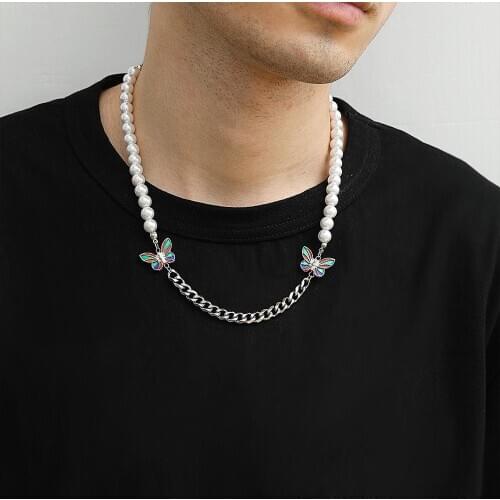 Trendy Stainless Steel Butterfly Chain Necklaces Imitation Pearls Necklace Unisex Fashion Jewelry Accessories