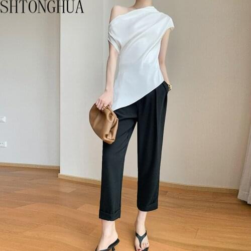 Fashion Women 2 Piece Pant Set New Summer Irregular Slash Neck Short Sleeve Tops+Tall Waist Drape Turnip Pants Suit
