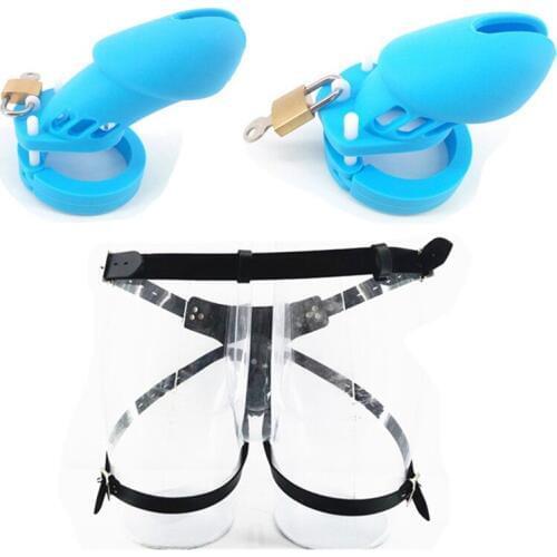Male CB6000 CB6000S Wearable Silicone Cock Cage Blue Strap On Chastity Cage with 5 Base Rings Penis Cage Sex Toy for Men G7-2-30