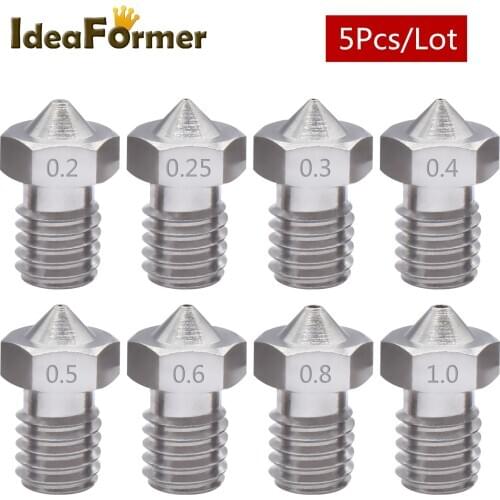 5Pcs E3D V6 Stainless Steel Nozzle M6 Thread 0.2/0.25/0.3/04/0.5/0.6/0.8/1.0mm for 3D Printer 1.75/3.0mm Filament V5 V6 Hot End