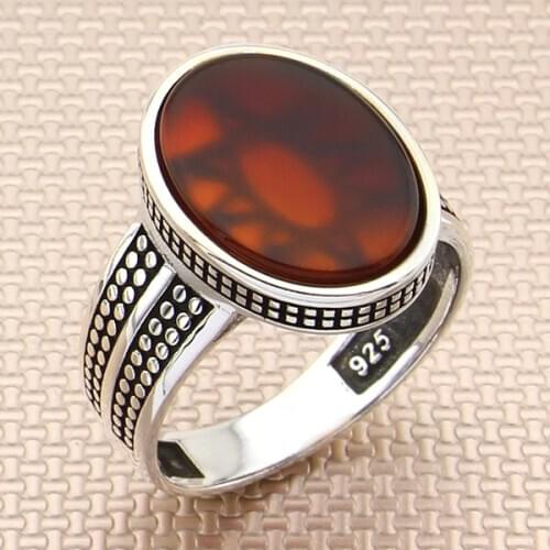 Oxidized Straight Oval Red Agate Stone Men Silver Ring Little Finger Silver Ring Made in Turkey Solid 925 Sterling Silver