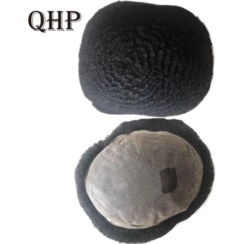 QHP Afro Toupee Full Face For Black Men Indian Human Hair Kinky Curly Mens Wigs Natural Male Hair Prosthesis 120% Color 1B