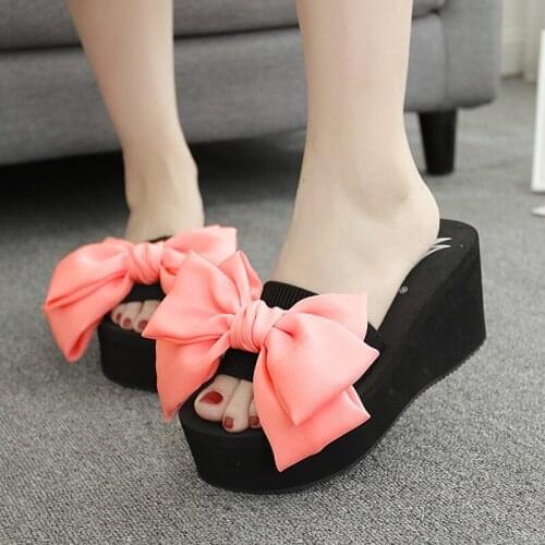 Women muffins creeper bow slippers summer casual sea beach wedges platform open toe slip on slides handmade non-slip flip flops