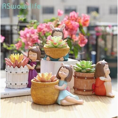 Creative Korean Style Cartoon Resin Fleshy Girl Desktop Flower Green Plant Pot Home Decoration Accessories Supplies Gardening