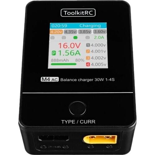 ToolkitRC M4AC 30W 2.5A AC Smart Battery Balance Charger XT30/XT60 Output for 1-4S LiPo LiHV LiFe Battery - XT60 With EU Plug