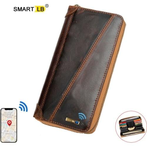 Smart Bluetooth Genuine Leather Wallet RFID Blocking Long Zipper Men Cell Phone Clutch Bag Card Holder Wallets