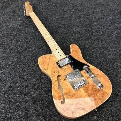 High-quality 6-string electric guitar, map pattern, wood grain maple veneer, half hollow center, f hole, fixed bridge, maple nec