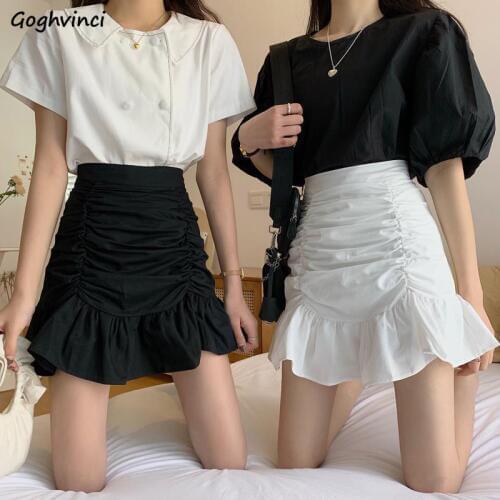 Skirts Women A-line Pleated Ruffles Korean Hip-skirt Slender Elegant Stylish Solid Chic High-waist Womens Faldas Summer Ulzzang