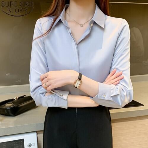 Elegant Chiffon Shirts Women Blouses Office Lady Long Sleeve Blue Tops Autumn Turn-down Collar Solid Korean OL Clothes 12128