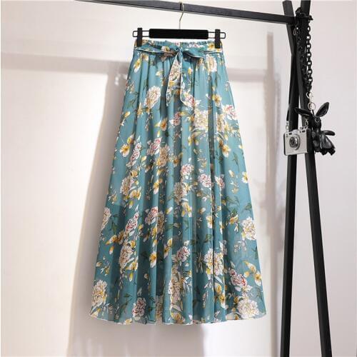 Women chiffon vintage elegant boho midi skirt with belt Summer 2020 high waist pleated skirts womens lady print skirts female