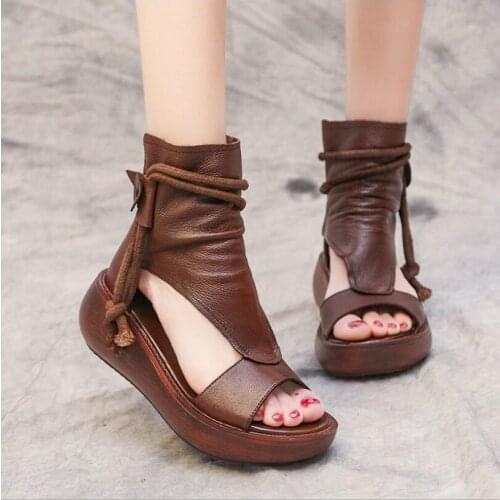 Women Summer Sandals Mid Heels Wedges Shoes Ladies Vintage PU Leather Plus Size Sandalias Mujer Sapato Feminino