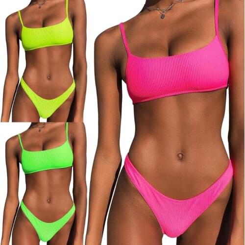 Women Sexy 2pcs Bikini Set Spaghetti Strap Bandeau Ribbed Swimsuit High Cut Thong Neon Solid Color Beach Bathing Suit