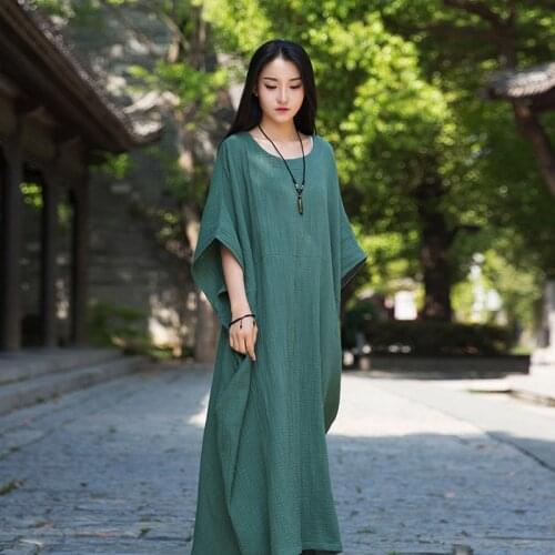 LZJN Plus Size Cotton Linen Dress Women Ethnic Long Dresses Short Sleeve Gown Vintage Robe Femme Summer Jumper Dress Elbise