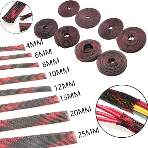 10M High Density Insulated Red&Black Braided Cable Sleeve 4/6/8/10/12/15/20/25mm PET Expandable Wire Gland Cables Protection