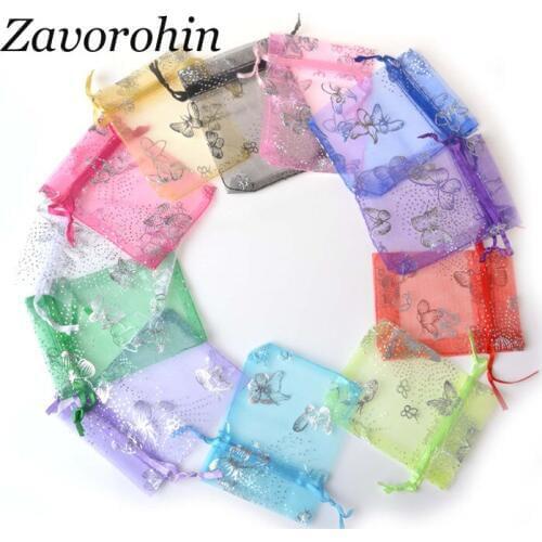 100pcs/lot Wholesale 7x9, 9x12, 11x16, 13x18 cm Butterfly Organza Wedding Candy Jewelry Packing Drawstring Pouch Decoration
