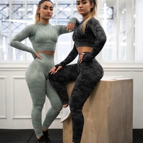 2PCS Camo Seamless Yoga Set Sportswear Women Fitness Clothing Booty Gym Leggings+Long Sleeve Crop Top Sport Suit Workout Clothes