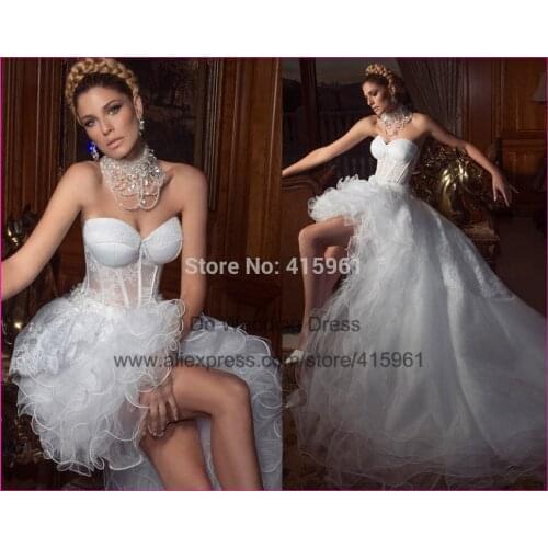 2014 Sensual Sweetheart Transparent Ruffles Lace High Low Wedding Dress Bridal Gown Organza Women W2939