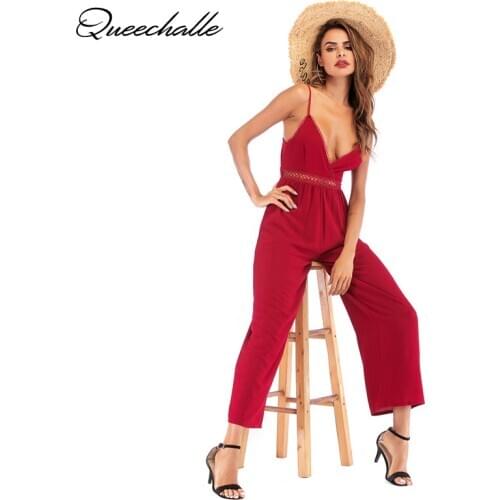 2020 Summer Elegant Jumpsuit Red Sexy Spaghetti Strap Rompers Women Sets Sleeveless Backless Bow Ties Casual Wide Legs Jumpsuits
