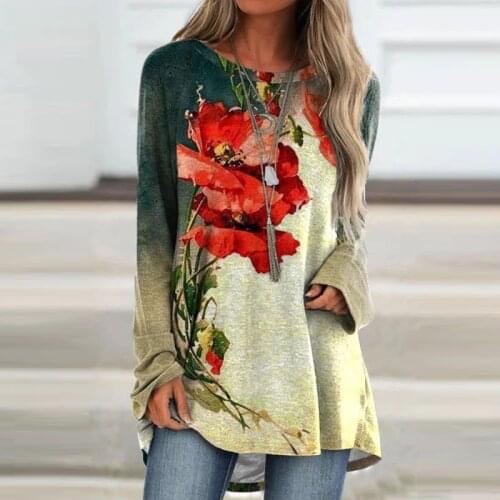 2021 Autumn Long Sleeve T Shirt Vintage Flower Printed Tops Pullovers Harajuku Shirts Casual Loose O-Neck Tops Women Blouses