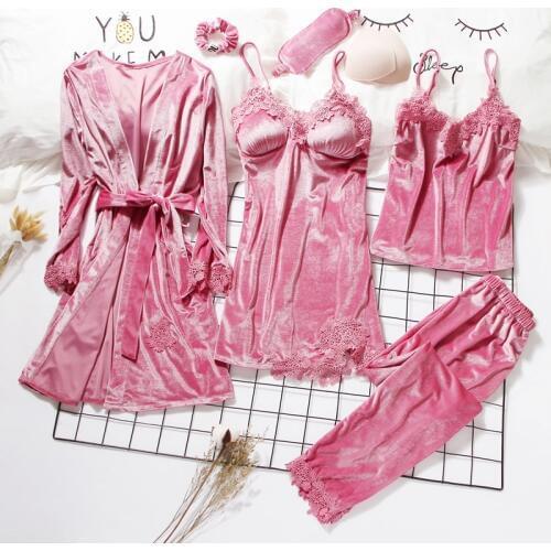 2019 Gold Velvet 3 & 6 Pieces Warm Winter Pajamas Sets Women Sexy Lace Robe Pajamas Sleepwear Kit Sleeveless Nightwear