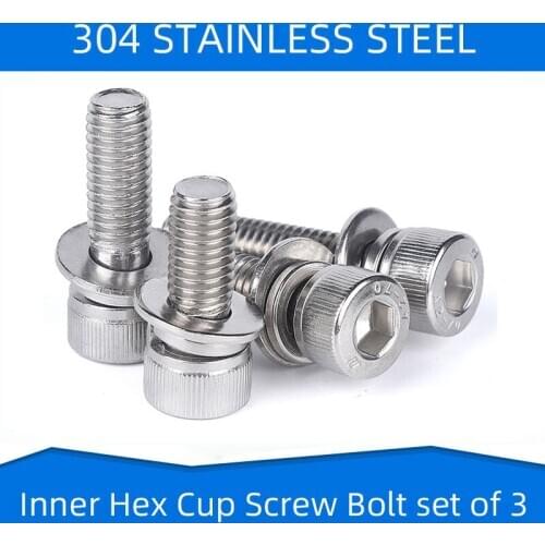 304 Stainless Steel Inner Hex Cup Head Screw Bolt Washer Set of 3 Cylindrical Hexagon Socket Head Screws M2 2.5 3 4 5 6 8 10 12