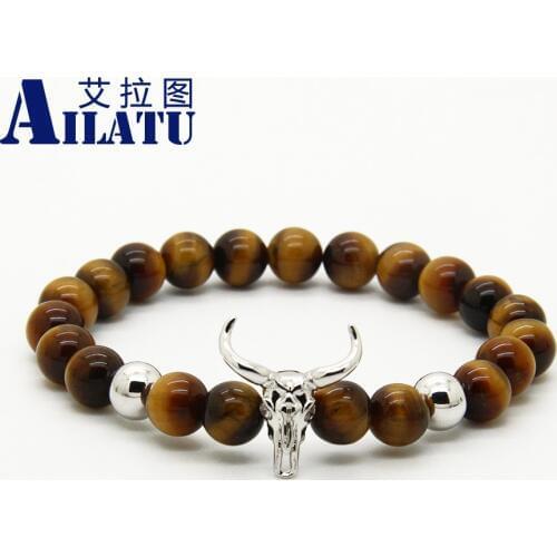 Ailatu 8mm Yellow Tiger Eye Stone Beads Cow Head Bracelet Luxury Animal Charm Jewelry Animal Shape