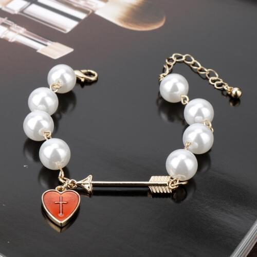 MQCHUN Love Heart Cupid Arrow Charm Bracelets Imitation Pearl Cross Bracelets Jewelry Red Bangle For Girls Gift -25