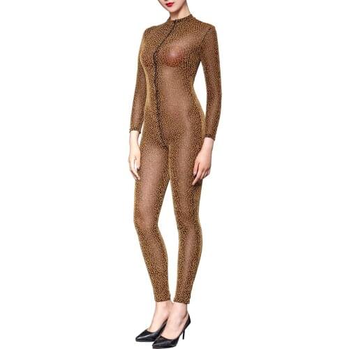 Metelam One-piece Leopard Print See-through Long Sleeve Jumpsuit Transparent Bodysuit Sexy Front Zip High Waist Clubwear