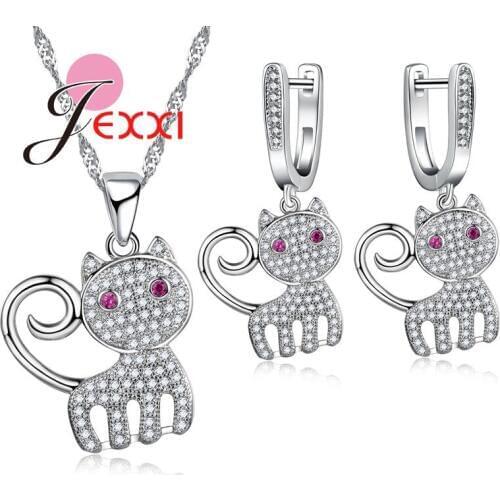 Fashion 925 Sterling Silver Chain Full African AAA Crystal Cat Pendant Necklace Earrings for Women Jewelry Sets Collier