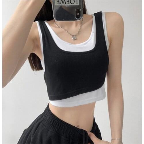 Fried Street Fake Two-piece Design With A Bottoming Shirt Short Navel Stitching Camisole Sleeveless T-shirt Top Bottoming Vest