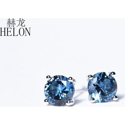 HELON Solid 14K White Gold AU585 5mm round 100% Genuine London Blue Topaz/Amethyst/Blue Topaz/Citrine gem stud Earrings