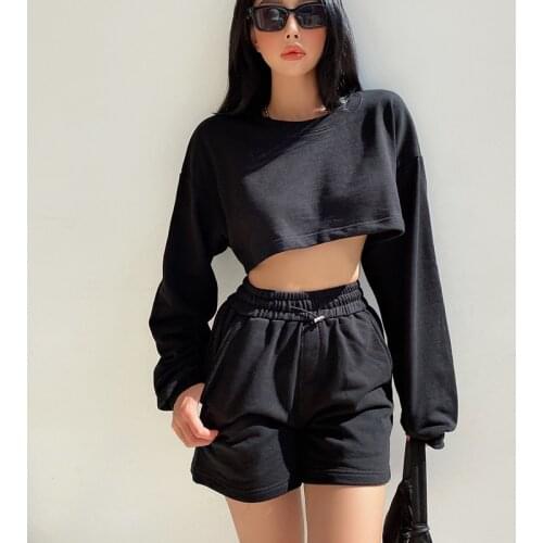 Women Crew Neck Drop Shoulders Cropped Sweatshirt Co-ord Set Cotton Sweat & Shorts Co-ord