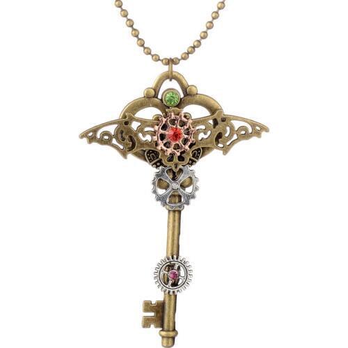 Punk Style Industrial Stage Steampunk gear Key Pendant Fashion Necklace In Bronze Ox Color