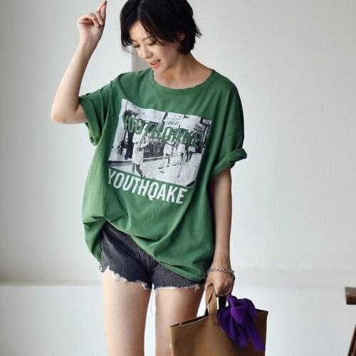 MICOCO T0807C Fashioningly casual do old ragged edge poster print loose round neck short sleeves T-shirt