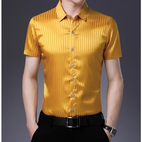 Male Silk Shirt 2020 Summer Fashion Striped Silk Clothes Short Sleeve Men Casual Office Satin Silk Dress Shirts