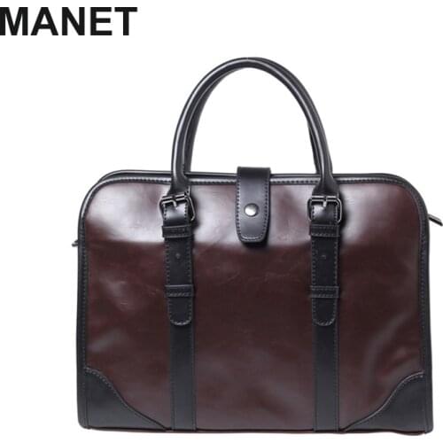 MANET Designer Men Handbag 17 Inch Business Briefcase Crazy Horse Leather Mens Messenger Bags Vintage Laptop Crossbody Bags