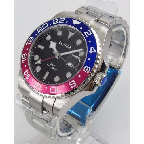 BLIGER 43MM Black Dial Red GMT Pointer Sapphire Luminous Watch Face Marks Automatic Movement Mens Watch