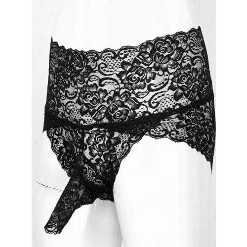 2XL Men Sissy Hot Sexy See-Through Hollow Out Erotic Lace Boxers Lingerie Briefs Open Bulge Pouch Male Gay Thong Underpants 2020