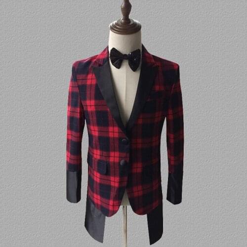 Lattice blazer men suits designs jacket mens stage costumes for singers clothes dance star style dress punk rock masculino red