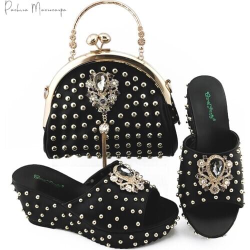 Newest Black Color African Crystal Style Nigerian Women Shoes and Bag Set Decorated With Rhinestoe and Full of Rivet in Party
