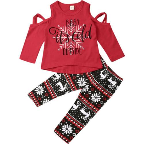Girl Clothes 2019 Christmas Kids Baby Girl Clothes Off-Shoulder T-shirt+Leggings Pants 2pcs Outfits Size 1-5Y