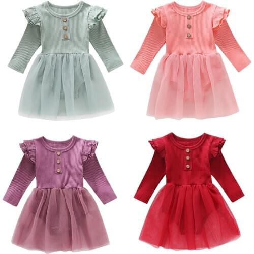 FOCUSNORM Autumn Infant Baby Girls Dress 4 Colors Knit Long Ruffles Sleeve Solid Lace Romper Dress 0-24M
