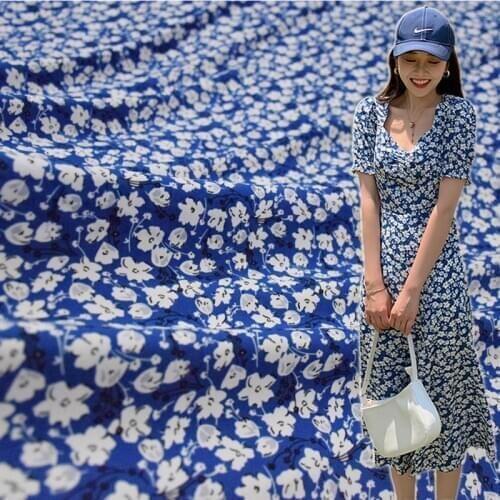 Half Meter High Grade Blue Bottom With White Flower Print Chiffon Fabric For Dress Shirt Ladys Garment Sewing Material T1409