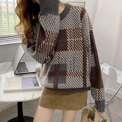 Pullover Womens Oversized Sweater Knitted Long Sleeve Sweater Thick Plaid Pullover Sweaters