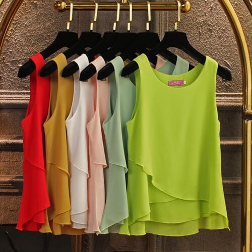 Womens Chiffon T-shirt Summer 2020 New Fashion Casual Solid color Ruffles Sleeveless Pullovers Tops Tees Loose T-shirts Female