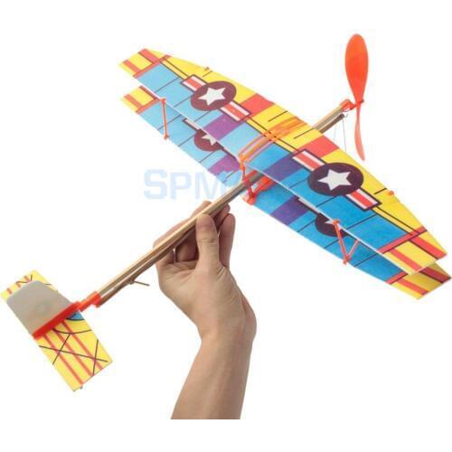 Assembly Airplane Aircraft Launched Powered By Rubber Band Blue & Yellow