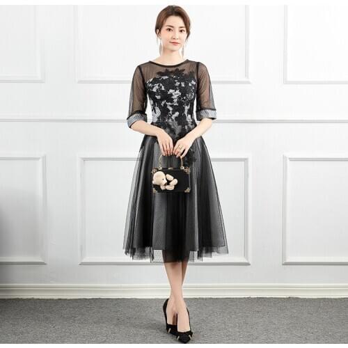 Sexy Illusion O-neck Evening Dress 2020 New Fashion Black Formal Dresses Half Sleeve A-line Formal Dress Robe De Soiree